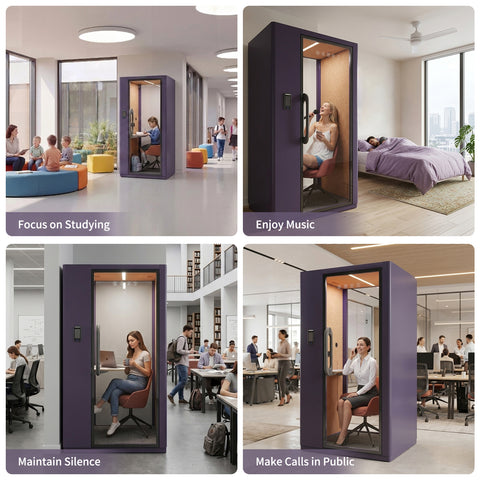 Volferda Core Solo-Soundproof Study Pod, Quiet Privacy Learning Booth with Fan, LED Lighting System, AC Outlets & USB Ports for Home Office, Studying(Purple)