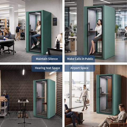 Volferda Core Solo-Soundproof office pod, Quiet Privacy Phone Booth with Fan, LED Lighting System and AC USB Ports (Cyan)