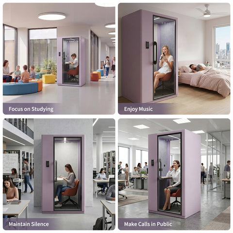 Volferda Core Solo-Soundproof Study Pod, Quiet Privacy Learning Booth with Fan, LED Lighting System, AC Outlets & USB Ports for Home Office, Studying(Lavender)