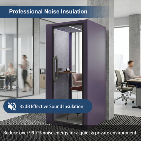 Volferda Core Solo-Soundproof office pod, Quiet Privacy Phone Booth with Fan, LED Lighting System and AC USB Ports (Purple)