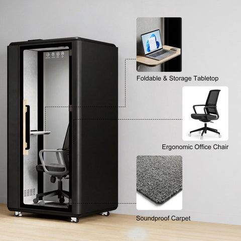Volferda Air Solo Soundproof Study Pod – Portable Privacy Booth with Acoustic Panels, LED Light, USB-C & AC Outlets(Black)