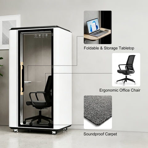 Volferda Air Solo Soundproof Study Pod – Portable Privacy Booth with Acoustic Panels, LED Light, USB-C & AC Outlets(White)